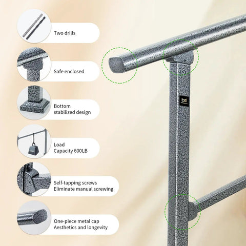 Close-up of Rock Solid Two Step Handrails For Outdoor Stairs showing galvanized steel design, 600 lb capacity, and easy installation features.