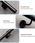 Heavy Duty Black Metal Stair Railing Wall Mounted Non Slip Handrail For Indoor Outdoor Stairs Solid Safety Grab Bar with rounded corner and sturdy base.