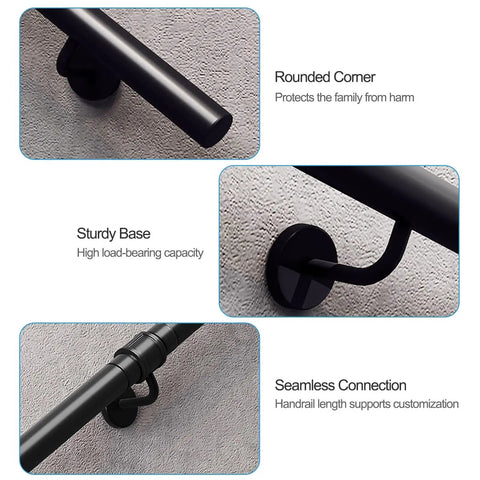 Heavy Duty Black Metal Stair Railing Wall Mounted Non Slip Handrail For Indoor Outdoor Stairs Solid Safety Grab Bar with rounded corner and sturdy base.
