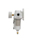 Side view of Three Stage Air Drying System All In One With Particulate Filter And Coalescing Filter And Pressure Regulator, Three Quarter Inch NPT, Metal Bowl With Auto Drain Gauge And Bracket For Heavy Duty Shop Air.
