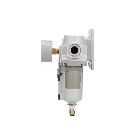 Side view of Three Stage Air Drying System All In One With Particulate Filter And Coalescing Filter And Pressure Regulator, Three Quarter Inch NPT, Metal Bowl With Auto Drain Gauge And Bracket For Heavy Duty Shop Air.