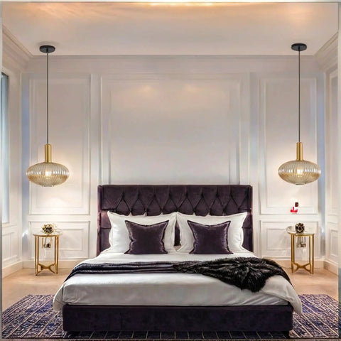 Bedroom with two Lit Modern Pendant Light For Kitchen Island With Striped Amber Glass And Gold Socket Farmhouse Style Ceiling Fixture