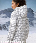 Women's Waterproof Ski Snow Jacket With Hood Fleece Lined Warm Winter Rain Coat Fully Taped Seams Windproof And Breathable Shell Geometric Pattern Cozy Fleece Inside X Large in white, side view.