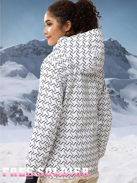 Women's Waterproof Ski Snow Jacket With Hood Fleece Lined Warm Winter Rain Coat Fully Taped Seams Windproof And Breathable Shell Geometric Pattern Cozy Fleece Inside X Large in white, side view.