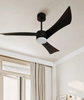 52 Inch Dimmable LED Ceiling Fan With Remote Control, 3 Curved Blades, Black Finish installed in a living room ceiling
