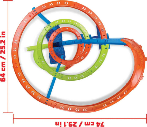 Top view of Spiral Speed Crash Track Set With Motorized Booster, 29 Inch Tall Track, multicolor spiral design, 25.2 inches wide.