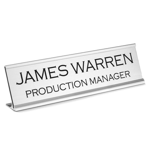 Custom Desk Name Plate With Aluminum Holder For Office Signage, Two Lines Of Laser Engraved Text, 2 Inch By 8 Inch, Wall Or Desk Mount