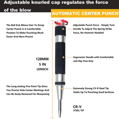 Two Pack Steel Automatic Center Punch With Adjustable Stroke, 5 Inch Length, Spring Loaded, Knurled Steel Handle, shown with features