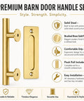 11.5 Inch Barn Door Handle Set With Dual Action Exterior Grip And Two Sided Interior Pull, Heavy Duty Steel Construction In Brushed Brass Gold Finish, Sliding Door Hardware Kit For Wood Doors And Closets; brushed brass handle and flush pull
