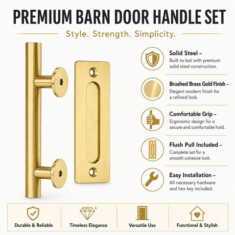 11.5 Inch Barn Door Handle Set With Dual Action Exterior Grip And Two Sided Interior Pull, Heavy Duty Steel Construction In Brushed Brass Gold Finish, Sliding Door Hardware Kit For Wood Doors And Closets; brushed brass handle and flush pull
