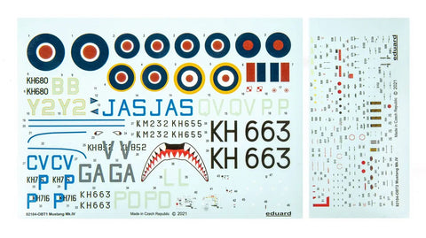 Decal sheet for Mustang Mk.IV ProfiPack 1:48 Scale Model Kit For WWII Fighter Fans with various RAF markings and details.