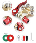 Battery Terminal Connectors 2 Pack 4 Way Quick Disconnect Release for Auto and Marine Use with red and gold clamps, washers, and Allen wrench.
