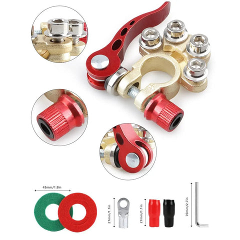 Battery Terminal Connectors 2 Pack 4 Way Quick Disconnect Release for Auto and Marine Use with red and gold clamps, washers, and Allen wrench.