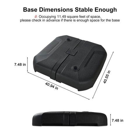 Beefy Heavy Duty Patio Umbrella Base With Cross Base Included, Water And Sand Filled to 330 Lbs, showing dimensions.