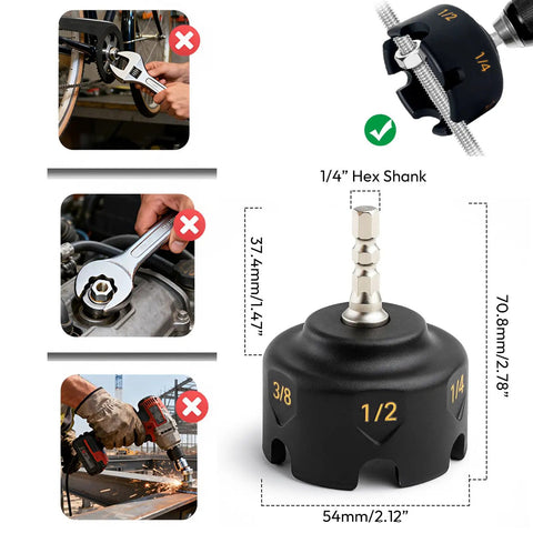 Heavy Duty Nut Driver Drill Attachment For Smashing Through Rusted Bolts And Rapid Stripped Nut Extraction Compatible With Standard Impact Drills showing hex shank sizes and dimensions.