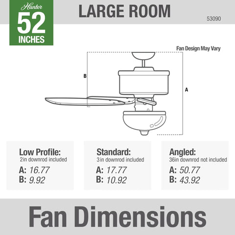 Dimensions for 52 Inch Indoor Ceiling Fan With Energy Efficient LED Light And Included Bulbs, Pull Chain, Brushed Nickel Finish