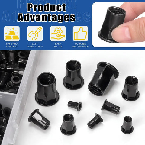 250 Piece Threaded Rivet Nuts Set M3 Through M12 Half Hex Head Black Zinc Plated Carbon Steel Flat Head Rivnuts Built Tough