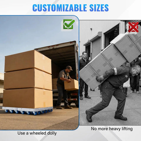 DoReFaSol Connectable Appliance Rollers And Heavy Duty Furniture Sliders With 36 Wheels Moving Dollys shown with wheeled dolly and heavy lifting contrast.