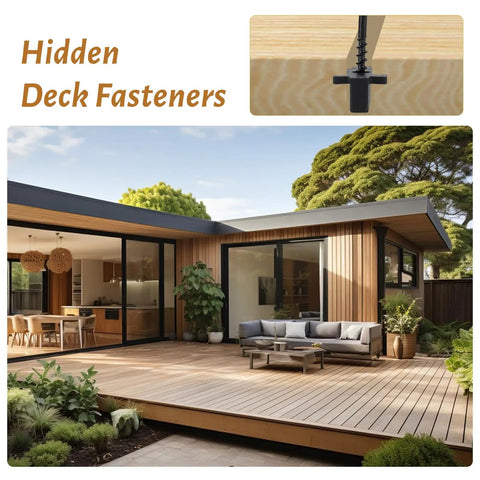 Top Shelf Hidden Deck Fasteners Six Hundred Piece Kit For Grooved Boards Premium Nylon T Clips in modern backyard setting.