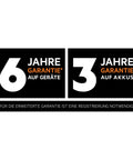 Warranty information label showing 6 years for tools and 3 years for batteries, stressing registration required for extended warranty.