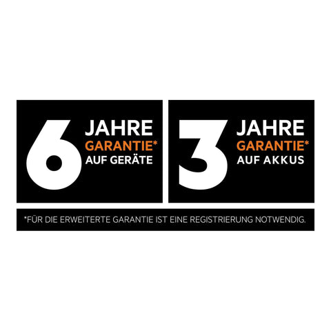 Warranty information label showing 6 years for tools and 3 years for batteries, stressing registration required for extended warranty.
