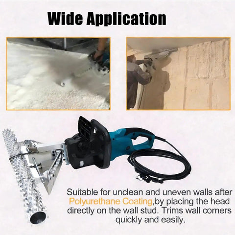 Top Shelf 1800w High Speed Foam Planer Saw For Quick Spray Insulation Cutting And Polyurethane Wall Trimming With 70cm Blade, shown in use trimming polyurethane.