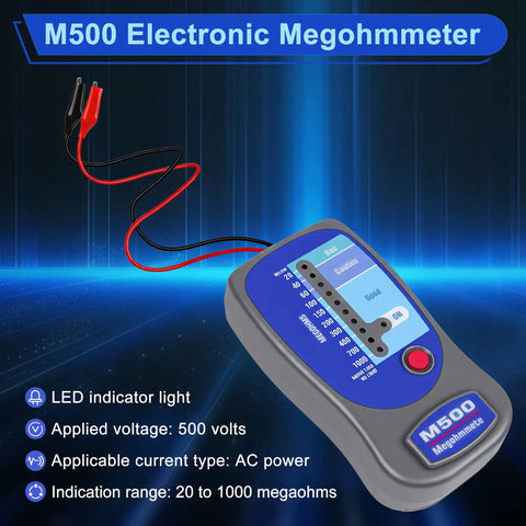 High Voltage Insulation Tester Megohmmeter Up To 1000 Megohms At 500 Volts For HVAC Pros Tough Impact Resistant Meter With Soft Case LED Zone Indicator Compatible With Supco M500 Ideal For Compressor And Motor Windings, M500 meter with leads