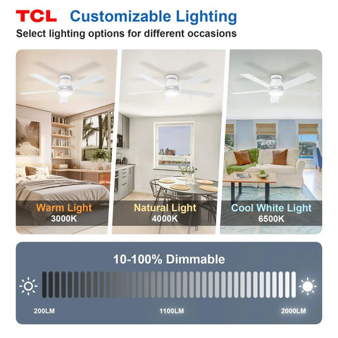 52 Inch Ceiling Fan With Lights, Dope Reversible Blades in warm, natural, and cool white light settings, white flush mount