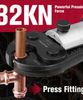 Copper pipe being pressed by Cordless Copper Pipe Press Tool Kit With Six VUS Jaws For One Half To Two Inch Fittings, 32 kN Press Force