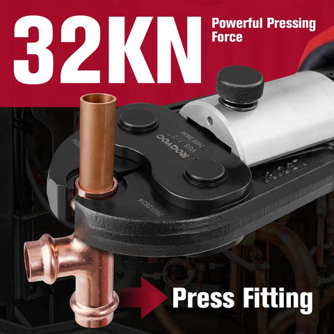 Copper pipe being pressed by Cordless Copper Pipe Press Tool Kit With Six VUS Jaws For One Half To Two Inch Fittings, 32 kN Press Force