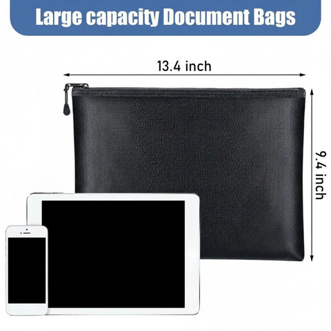 4 Pack Fireproof Document Bags Waterproof Safe Storage Pouches with Zipper for A4 Documents Money Passport and Tablet Beefed Up Heat Travel Ready Everyday Use displayed with tablet and phone