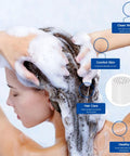 Woman using 15 Stage Shower Filter Replacement Cartridge With VC for High Output Universal Fit, hair care benefits shown