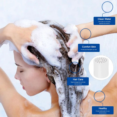 Woman using 15 Stage Shower Filter Replacement Cartridge With VC for High Output Universal Fit, hair care benefits shown