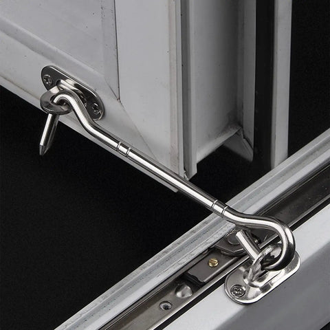 Stainless Steel Heavy Duty Gate Hook and Eye Latch for Door Window Cabinet installed on a door, showcasing its strong hold.
