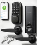 Level Up Your Home Security With This Slick WiFi Smart Deadbolt Lock Featuring Heavy Duty Keyless Entry Instant Fingerprint Access Voice Control App Management Auto Locking And Alexa Google Assistant Support For Front Doors components including deadbolt, keys, and app interface.