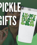 Dope Pickle Lover Travel Tumbler With Secure Spill Proof Lid 20 Oz Double Walled Stainless Steel Thermal Insulated Cup for Smoothies Coffee Cold Drinks Court Side Vibe Squad Approved Gift Present, white tumbler with green design.
