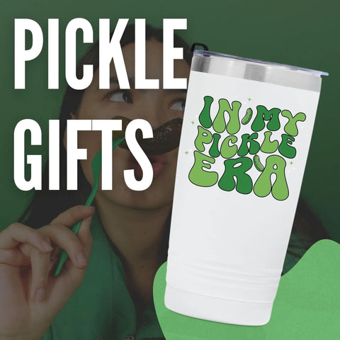 Dope Pickle Lover Travel Tumbler With Secure Spill Proof Lid 20 Oz Double Walled Stainless Steel Thermal Insulated Cup for Smoothies Coffee Cold Drinks Court Side Vibe Squad Approved Gift Present, white tumbler with green design.