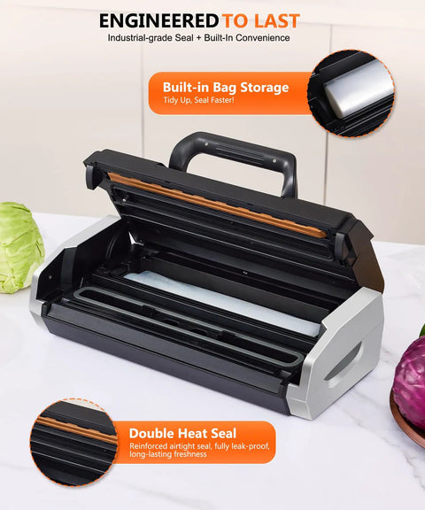 Beast 95KPa Vacuum Sealer Machine For Home Cooks And Pros with open lid showing double heat seal and bag storage in black silver.
