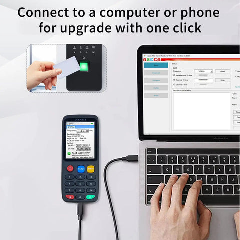 All In One RFID Reader Writer For Access Control Systems, Multi Frequency Copier connected to laptop for easy upgrade