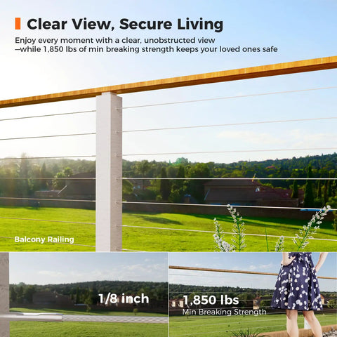 Marine Grade 316 Stainless Steel Cable One Eighth Inch Wire Rope 1000 Feet For Deck Railings shown on balcony railing