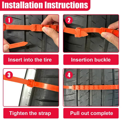 Installation instructions for Heavy Duty 12 Piece Adjustable Snow Chains For Cars And Trucks Rust Free Plastic Tire Traction Straps.