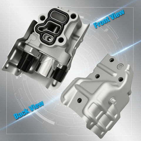 Front and back view of Honda VTEC Solenoid Spool Valve Assembly With Oil Pressure Switch And Gasket For Accord Civic CRV RDX RSX 15810RAAA03 Direct Fit High Quality Engine VVT Solenoid Replacement