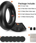 Package contents of 13x5.00-6 Inner Tube Replacement For Razor Dirt Quad And Small Go Karts Lawn Mowers Yard Tractors And ATVs Heavy Duty 5.00-6 Tube With TR87 Bent Valve Stem For Smooth Ride And Easy Fit, showing inner tubes, valve caps, patches, and cleaning rasp.