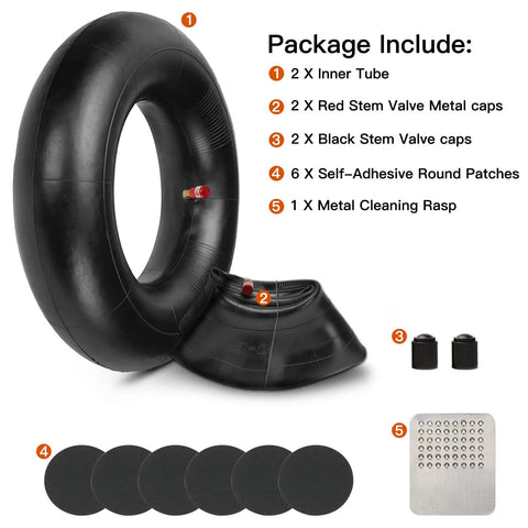 Package contents of 13x5.00-6 Inner Tube Replacement For Razor Dirt Quad And Small Go Karts Lawn Mowers Yard Tractors And ATVs Heavy Duty 5.00-6 Tube With TR87 Bent Valve Stem For Smooth Ride And Easy Fit, showing inner tubes, valve caps, patches, and cleaning rasp.