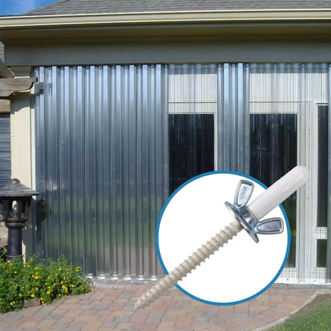 Heavy Duty Hurricane Anchor Kit Set For Fixing Shutter Panels Storm Panels And Sliding Glass Doors Plywood Compatible Includes Driving Tool 30 Sets Of 1/4-20 By 2-1/4 Inch Male Anchors Wingnuts And Protectors, shown in use with metal storm panels.