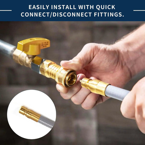 Half Inch Natural Gas Hose With Quick Connect For Propane To Natural Gas Conversion Kit being connected