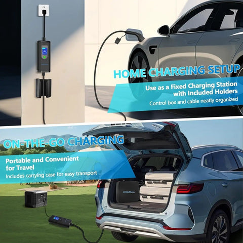 Portable Level 2 EV Charger 16A 110 240V with fixed time charge shown in home and travel use with car, includes cable and adapters.
