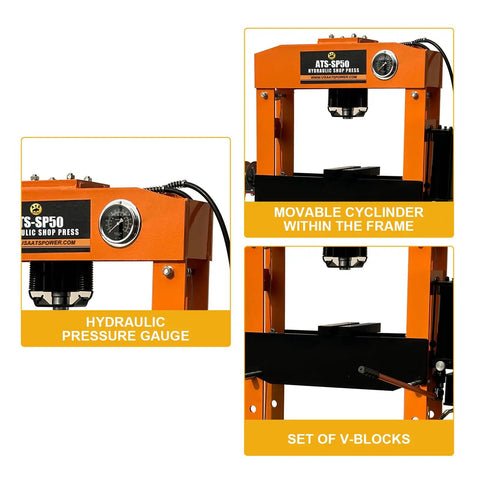 50 Ton Hydraulic Shop Press With Reinforced Floor Plates Hardcore H Frame Build For Steel Bending showing pressure gauge, movable cylinder, and V-blocks.