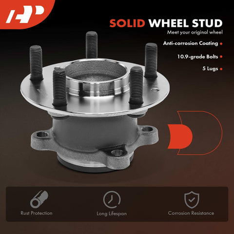 Rear Wheel Bearing And Hub Assembly For Mazda CX3 2016 2021 5 Lug Compatible RWD Replacement Built For A Smooth Ride Heavy Duty Load Capacity Durable Hub And No Nonsense Install Daily Driver Ready, close-up view of steel hub with 5 lugs and rust protection features.