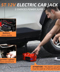 5 Ton 12V Electric Car Jack Kit With Built In Impact Wrench And Tire Inflator Pump lifting SUV, showing power options.